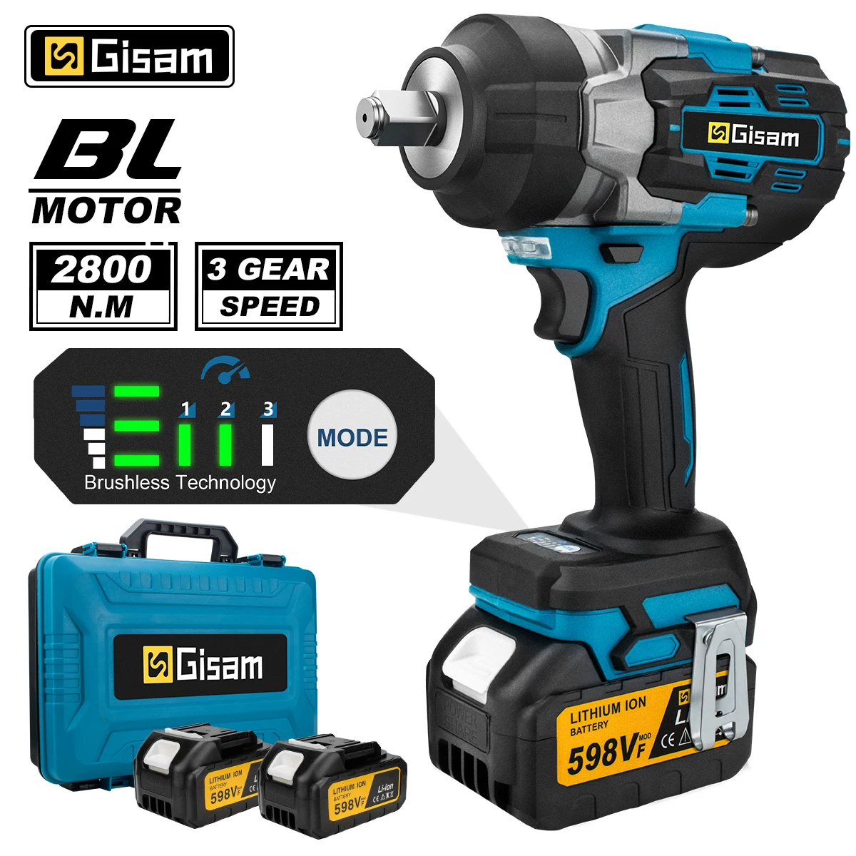 Gisam 2800N.M Brushless Electric Wrench 1/2 Inch Cordless Impact Wrench Electirc Screwdriver Drill Tool For Makita 18V Battery