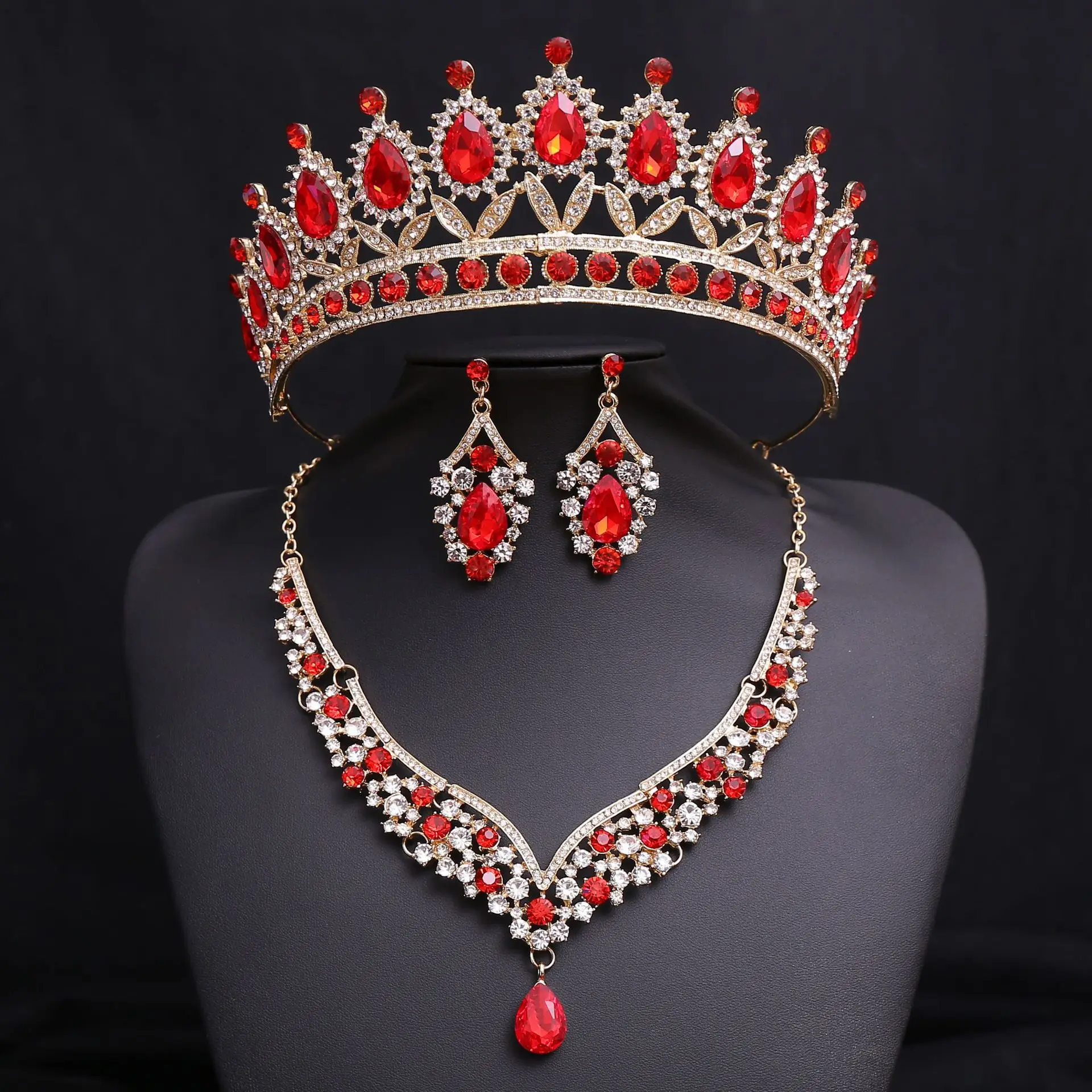 DIEZI Baroque Luxury Blue Red Green Crystal Crown For Women Wedding Bridal Rhinsetone Tiaras Necklace Earrings Jewelry Sets