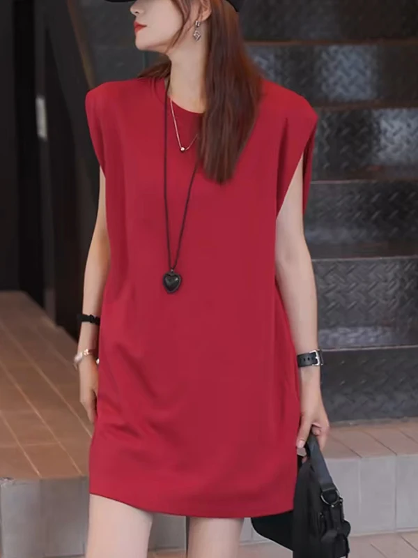

Summer Red T-Shirt Dress Loose Comfortable Fashionable Age-Defying High-End Feel Stylish Midi Skirt Korean Style Commute Wind
