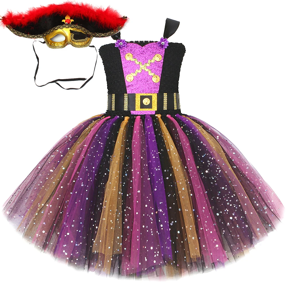 Sparkly Pirate Costumes for Girls Carnival Halloween Dresses for Kids Glittery Christmas Outfit Pirate Captain Child Clothes Set