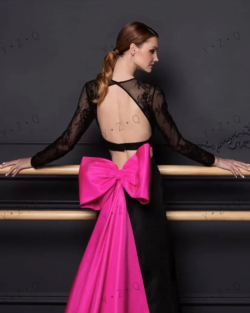 2-delige roze zwarte kleur formele kleding uitgesneden nieuwe couture strik damesjurken met mouwen op maat gemaakte lange galajurken illusies