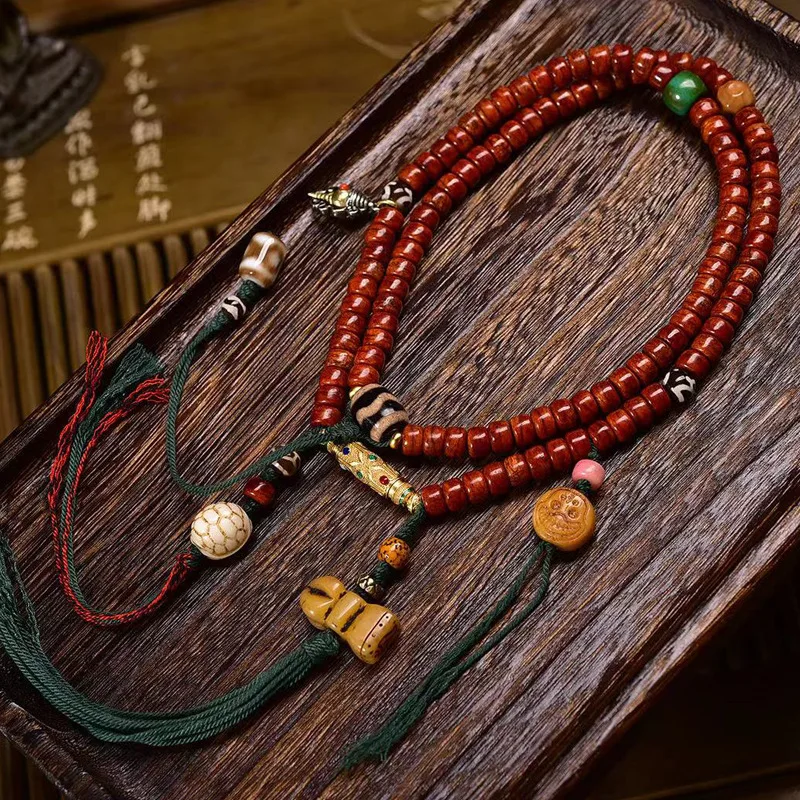 Tibetan yak barrel 108-piece Buddhist prayer beads multi-loop bracelet with vintage bone and copper clasp accessories