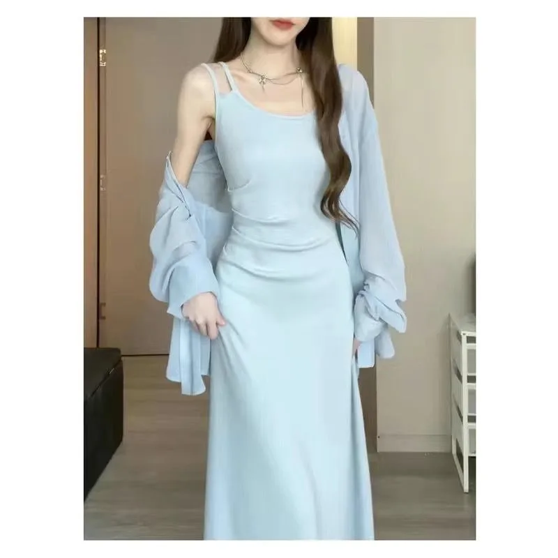 

2025 Summer Women New White Sunscreen Shirts Black Sling Slim Dress Two Piece Set Lady Basic Blouse Camisole Dresses Outfits