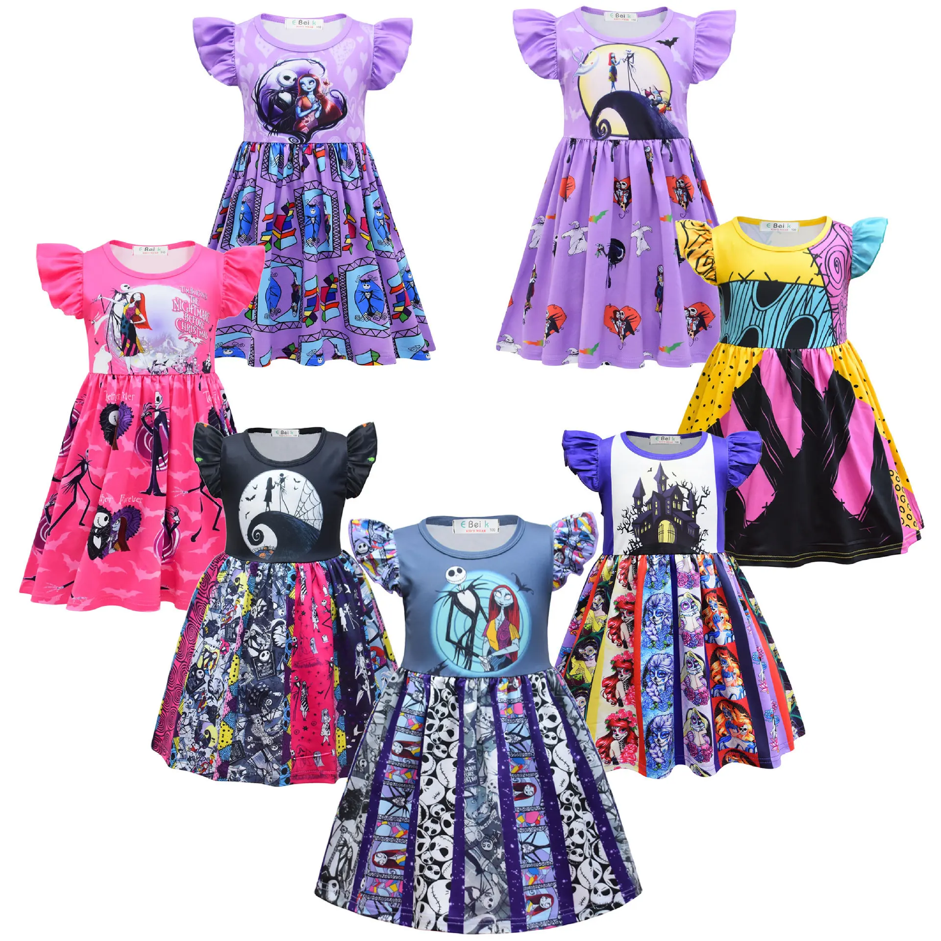 

Sally Dress Nightmare Before Christmas Digital Print Flutter Sleeve Dress Girls Costume Outfit Spooky Kids Party Wear 3-8 Years