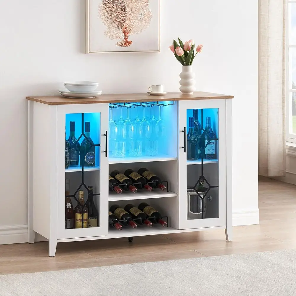 

Illuminated Wine Bar Cabinet, Compact Liquor Storage for Kitchen & Home, White, with Wine Rack and Glass Holder for Dining and L