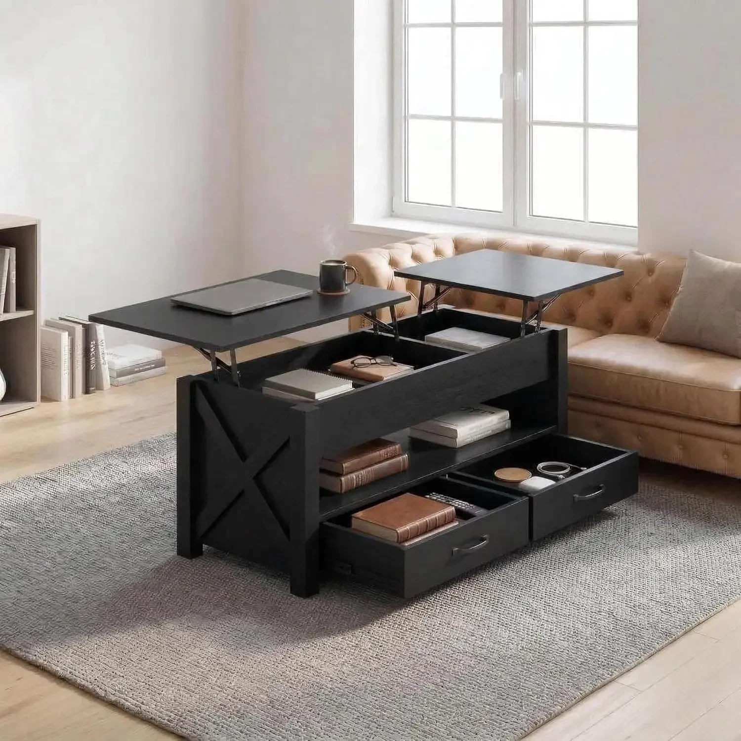 Black Lift Top Coffee Table With Split Design Adjustable Height Wooden Top Hidden Compartment Two Drawers For Living Room