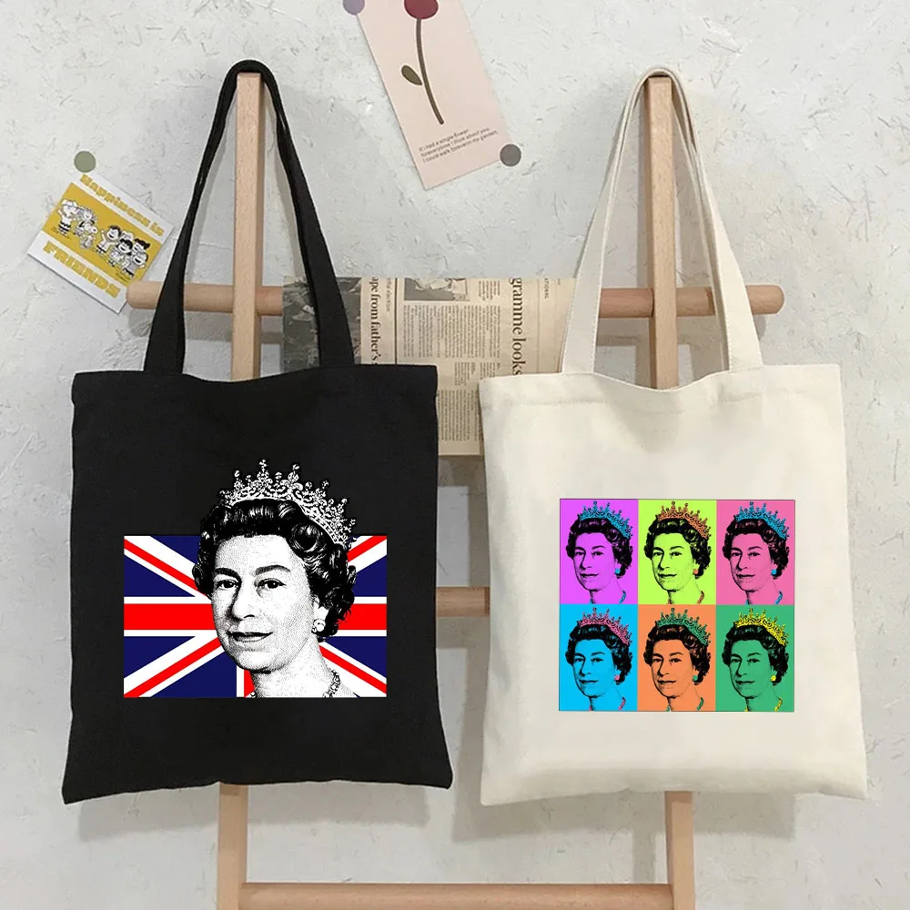 British Queen Elizabeth England Flag Platinum Jubilee Painting Women Canvas Bag Shopper Handbag Totes Shoulder Eco Shopping Bags