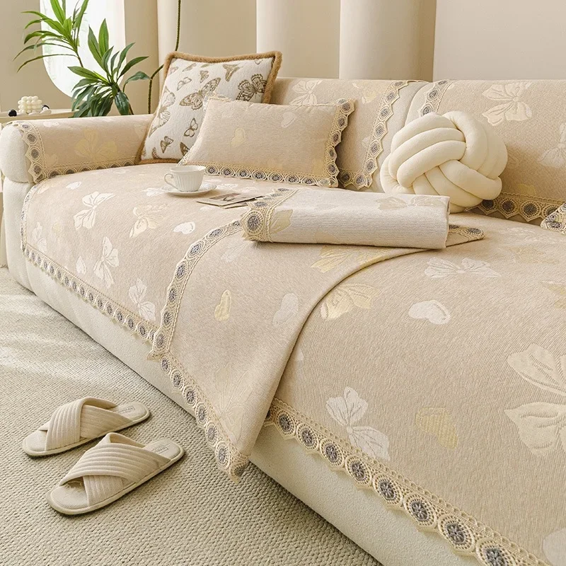 New Chenille Sofa Cushion Fabric Four Seasons Universal Non-Slip Cushion Cute Simple Style Sofa Cover Towel