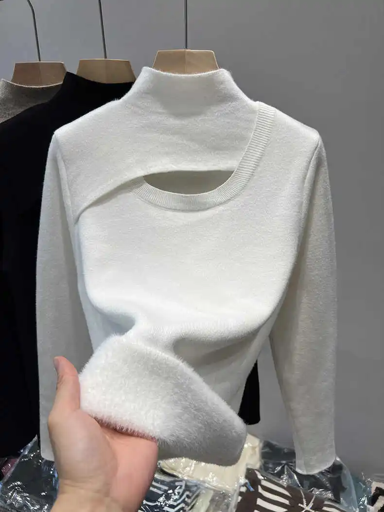 เสื้อสเวตเตอร์คอสูงสำหรับผู้หญิง ผ้ากำมะหยี่เนื้อนุ่ม สวมใส่เป็นเสื้อตัวในได้ เหมาะสำหรับฤดูใบไม้ร่วงและฤดูหนาว