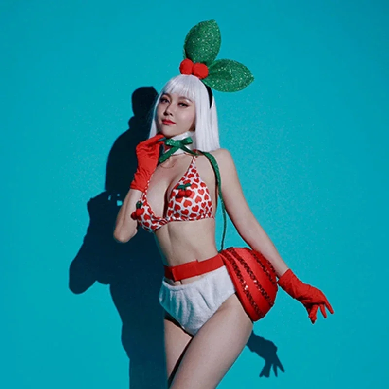 New Cherry Dance Stage Costume Sexy Bikini Pole Dance Outfit Female Party Rave Clothing Nightclub Gogo Jazz Dancer Clothes Set