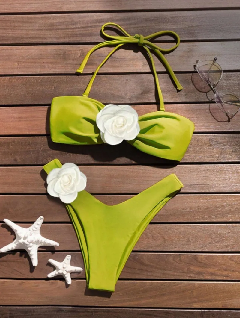 

3D Flowers Bandeau Bikini 2024 Women Sexy Push Up Micro Swimsuit Bathers Bathing Suit Thong Swimwear Brazilian Beachwear 수영복