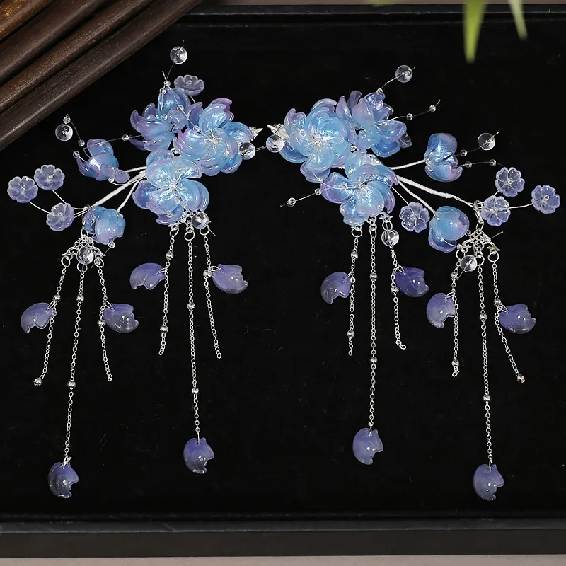 2PCS Vintage Flower Hairpin Chinese Style Hair Clip Tiaras Pearls Pendant Hairpin Fairy Floral Headpieces Women Hair Accessories