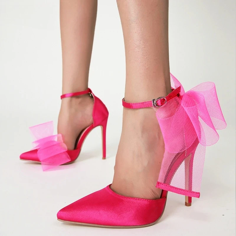 

Aneikeh Elegant Fashion Summer Pointed Toe Silk Bowknot Satin Pumps Women High Heels Party Wedding Stripper Lady Shoes