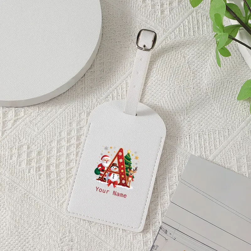 Custom Name Christmas Santa Snowman Reindeer 26 Initial Letter Luggage Tag Personalized PU Leather Suitcase Tag Christmas Gift