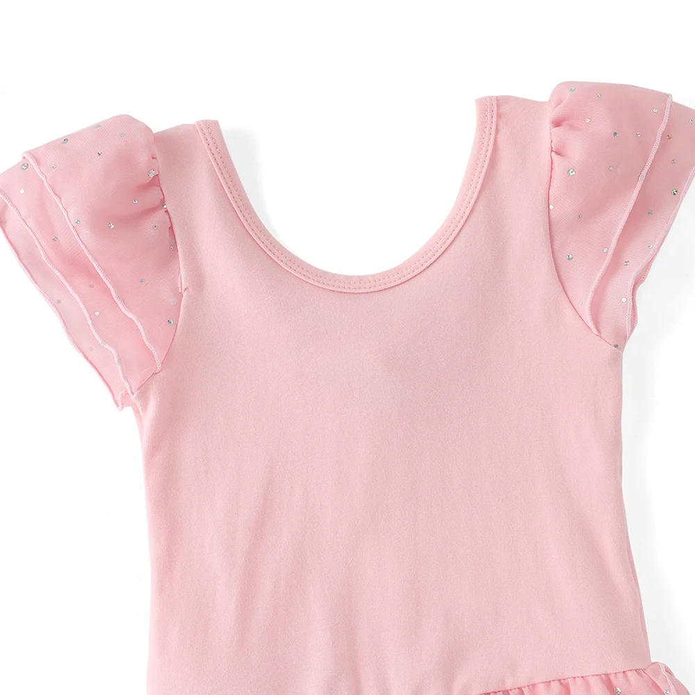 Conjunto de falda tutú y leotardo de Ballet con espalda cruzada para niñas, vestidos de baile con mangas con volantes de bailarina, disfraz de gimnasia brillante