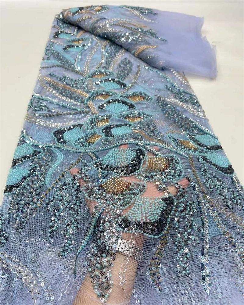 

New High-End Luxury French Embroidery Beaded Lace Fabric African Nigerian With Sequins Fabric For Wedding