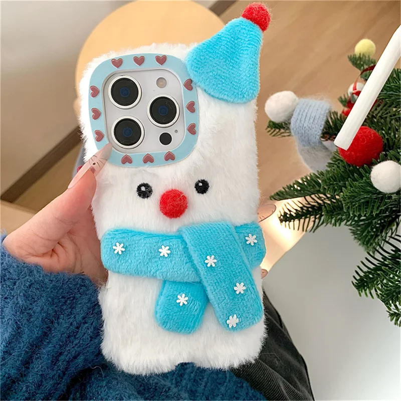 

Cute cartoon 3D scarf Snowman Soft plush Case For iPhone 16 Pro Max Case 15 Pro 14 13 Pro Fluffy warm winter furry fur covered