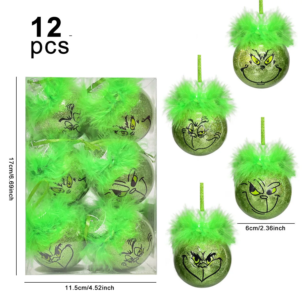 12PCS 6CM Green Elf Balls For New Years Outdoor Xmas Home Decor 2025 Christmas Tree Decoration Ornaments Plastic PET Baubles