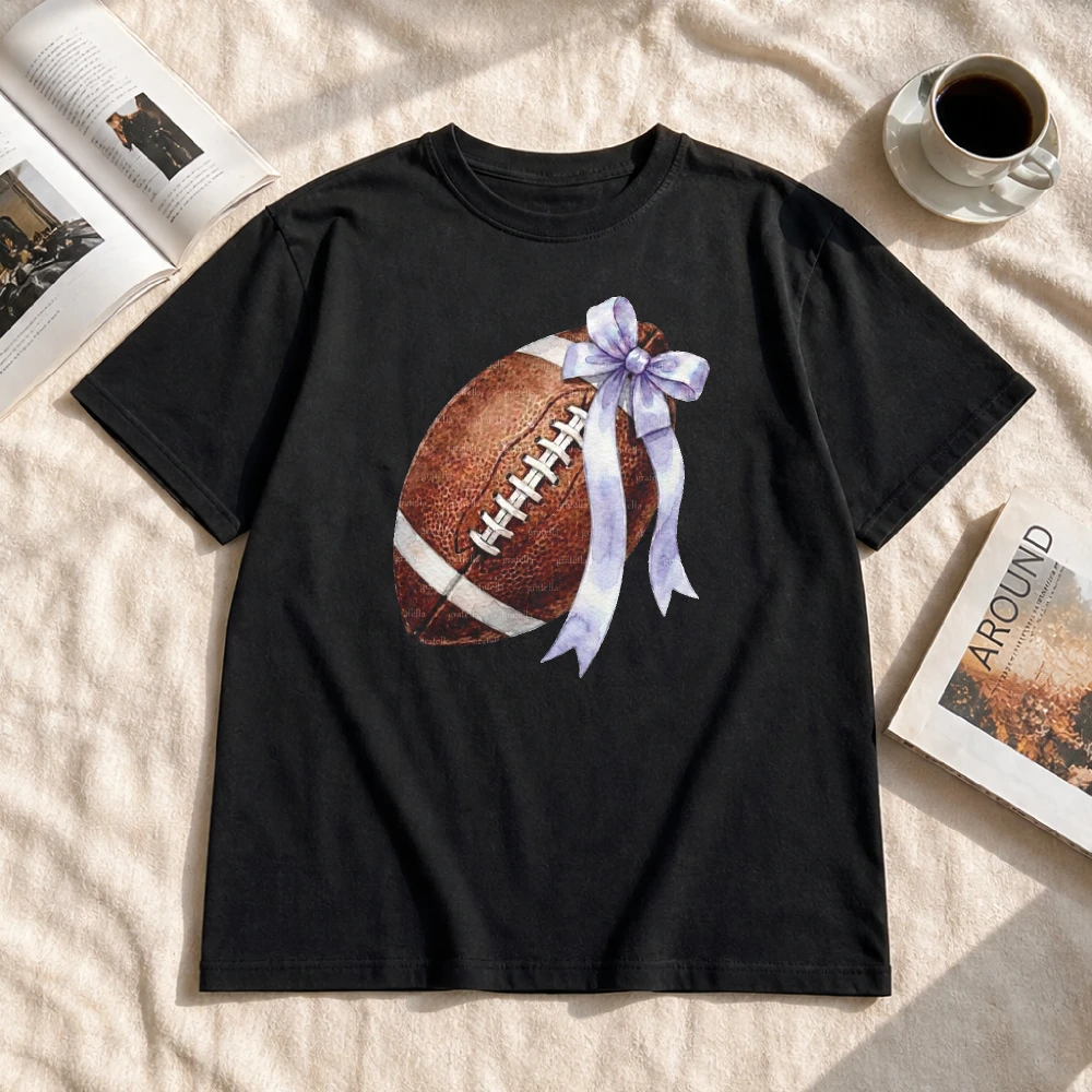 Rugby Football with Bow Tie Graphic T Shirt Women Game Day Shirt Sport Lover Gift Trendy Fashion Clothes Sporty Athleisure Wear