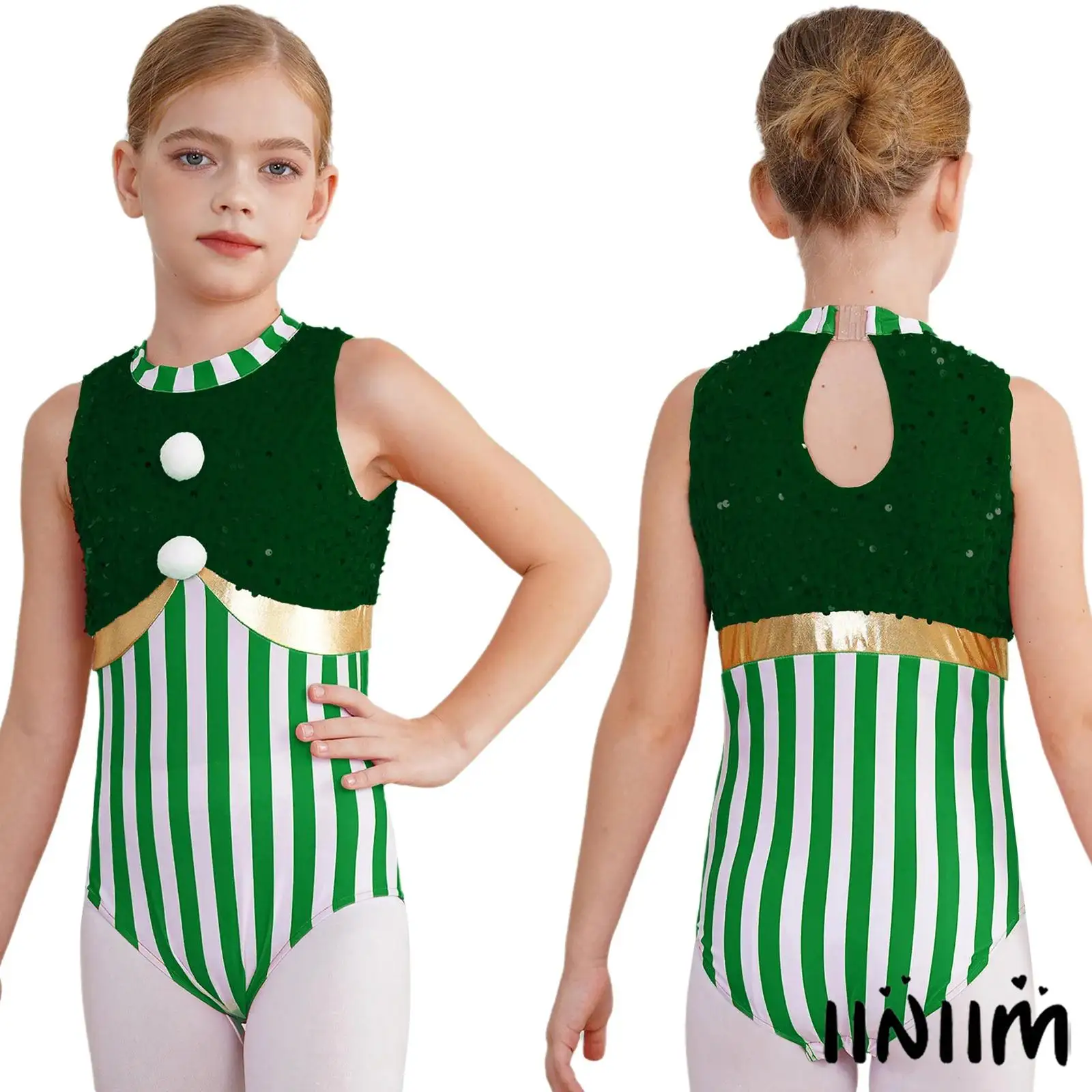 

Girl Christmas Bodysuit Xmas Halloween Circus Cosplay Costume Ballet Unitard Gymnastics Leotard Shiny Sequin Candy Cane Jumpsuit