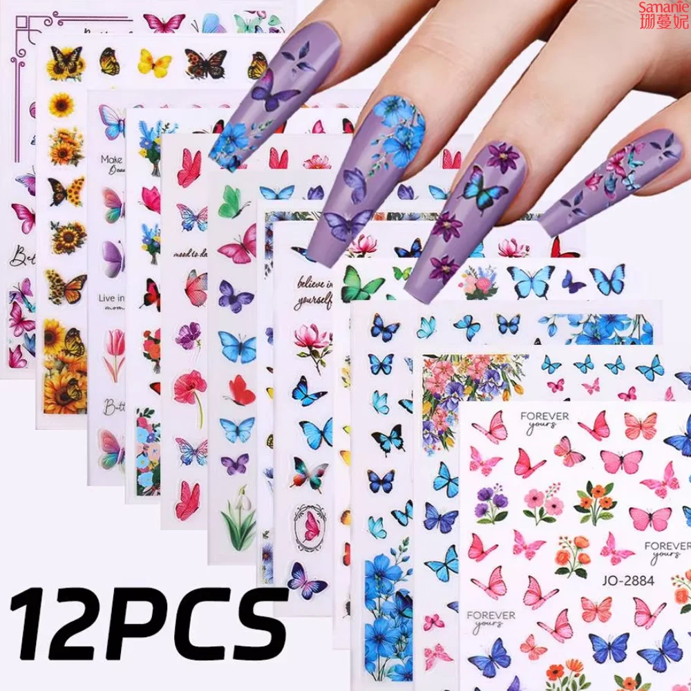 12Pcs 3d Nail art Stickers Spring Blue White Blossom Flowers Blue Yellow Butterflys Decals For Nail Decorations Manicures Beauty