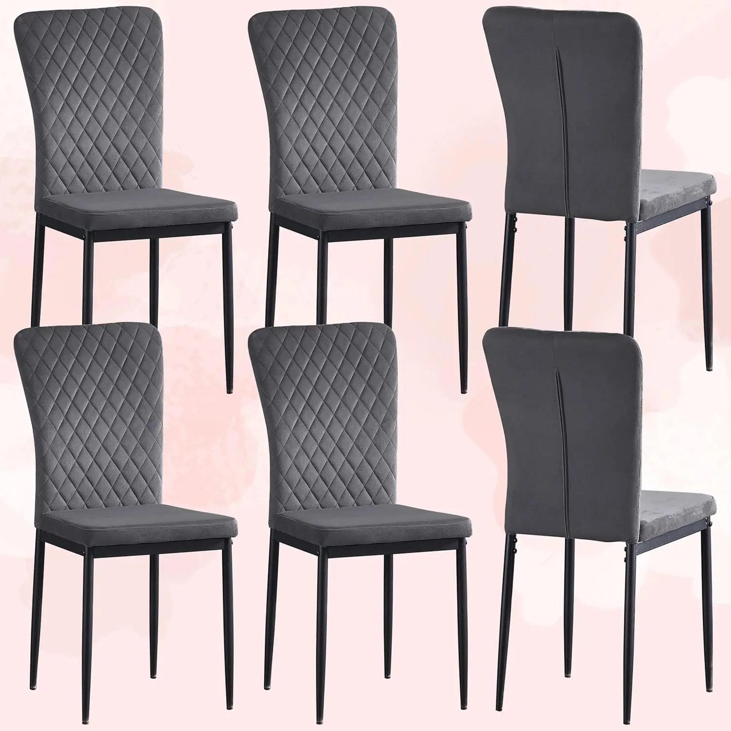 Set of 6 Living Room Chairs Dining Chairs with Velvet, High Back, Metal Frame and Modern Lattice Design for Living Room, Grey