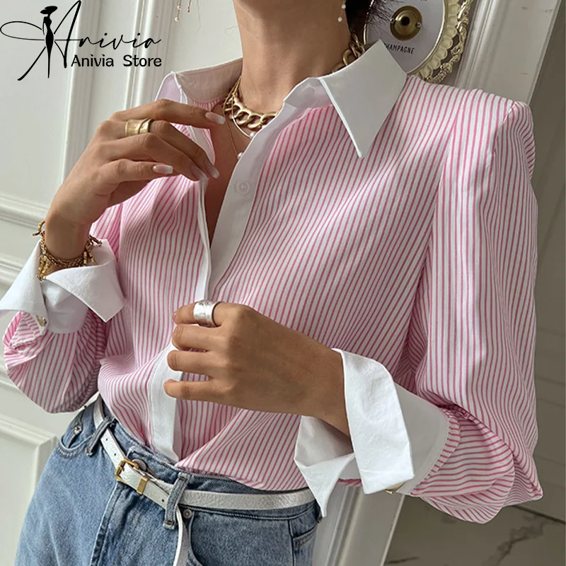 Colletto Polo primavera e autunno da donna camicia a righe a maniche lunghe elegante ufficio pendolarismo moda Top 2024 nuovo rosa grigio blu