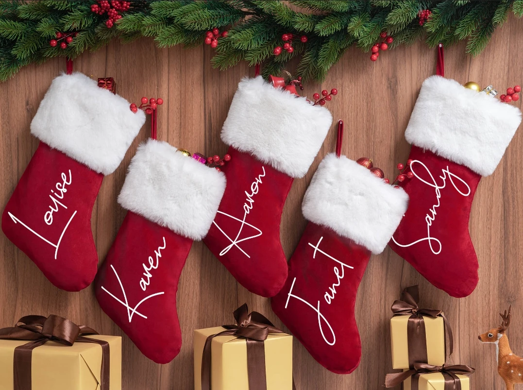 Red Family Christmas Stockings, Cusom Name Gift Bag Personalized Xmas Stocking with Name, Christmas Holiday Decor