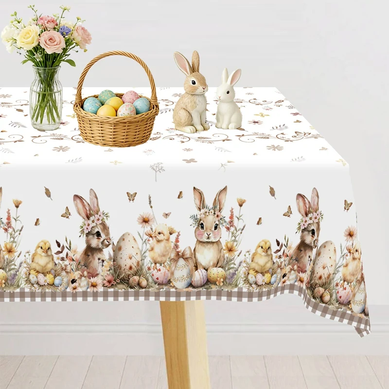 Vintage Ostern Hasen-Eier Tischdecke Frühlings-Blumenmuster Gartentischdecke Osterdekoration für Zuhause Küche Esstisch-Abdeckung