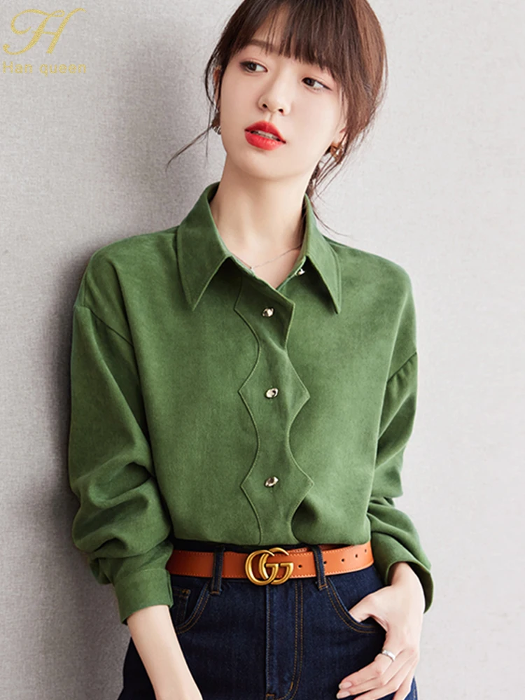 H Han Queen 2024 Autumn Elegant Single-Breasted Simple Oxford Cloth Blouse Womens Loose Casual Green Vintage Shirts Office Tops