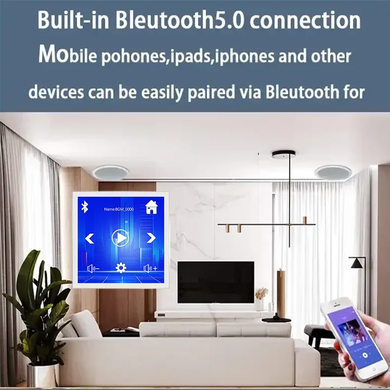 4-Channel 25W Bluetooth Wall Amplifier with 4-Inch Touch Screen Smart Home Audio Host for Radio Wireless Communication