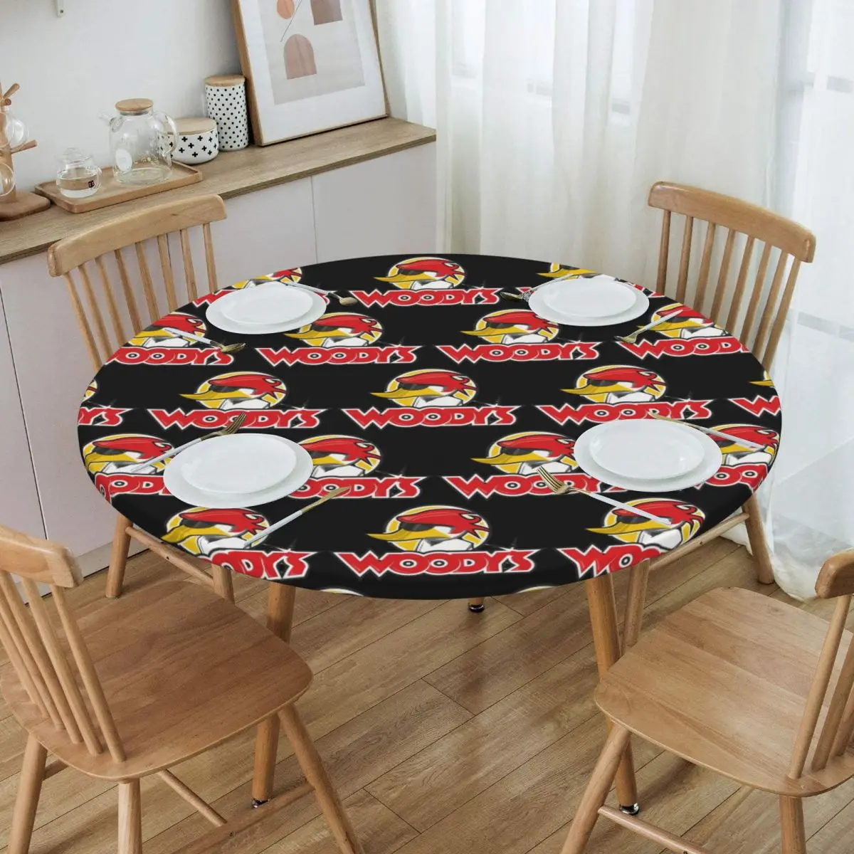 Custom Disney Cartoon Woody Woodpecker Animation Tablecloth Round Elastic Oilproof Table Cloth Cover for Banquet