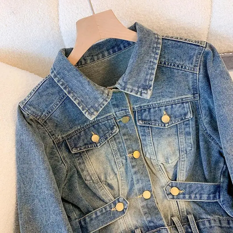 Veste en jean courte à taille 2025, manteau chic taille haute d'inspiration vintage pour femme