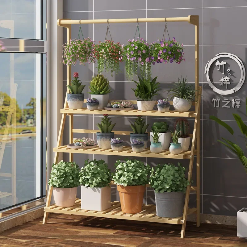 Bamboo City Master Craftsman Foldable Indoor Multi Tier Plant Pot Stand Balcony Living Room Succulents Plant Shelf Furniture
