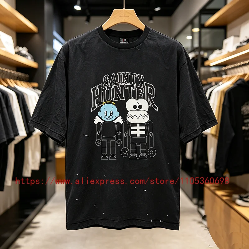 Hot New SAINT Men's T-Shirt Angel Devil Cartoon Figure Distressed Black Oversized Casual Tee Top