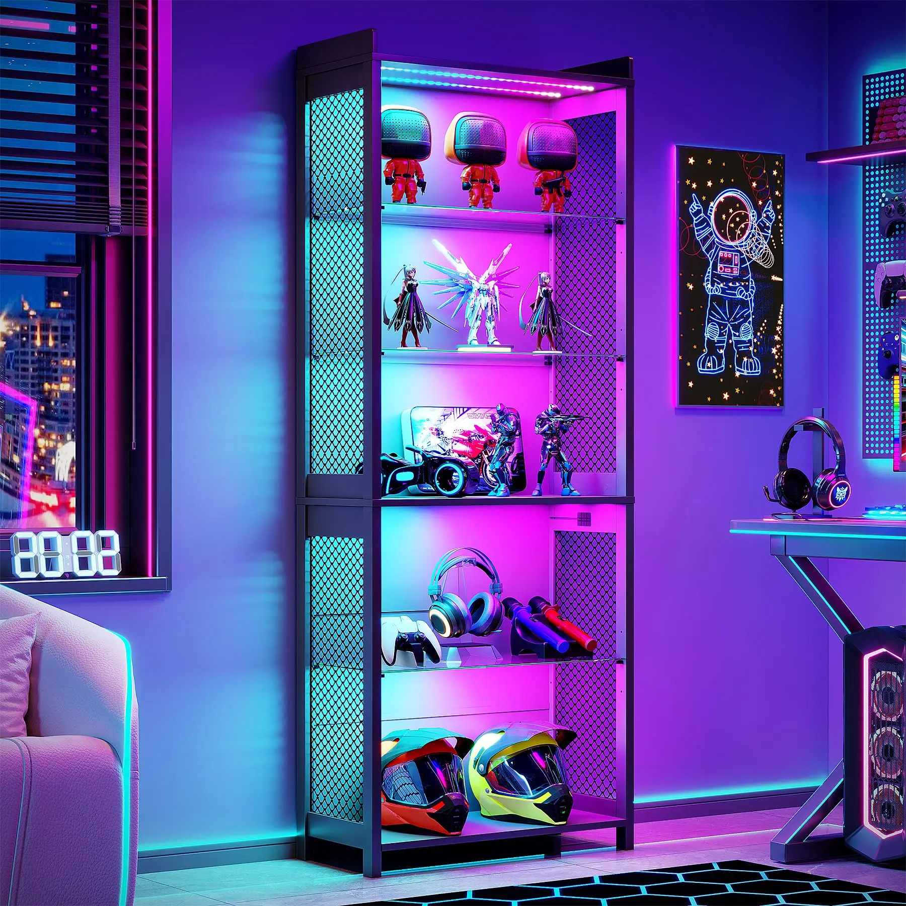 5-Tier Display Case with Glass Shelves & LED Lights, Black