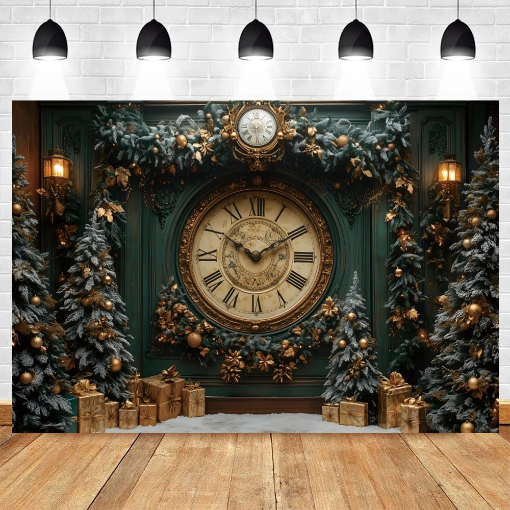 Winter Christmas Clock Photography Backdrop Christmas Tree Gift Indoor Green Palace Family Kids Portrait Background Photo Studio