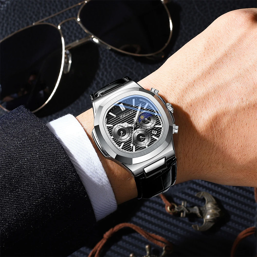 CHENXI montre-bracelet pour homme en cuir calendrier affichage de Phase de lune montre à Quartz lumineux étanche chronographe montres pour homme