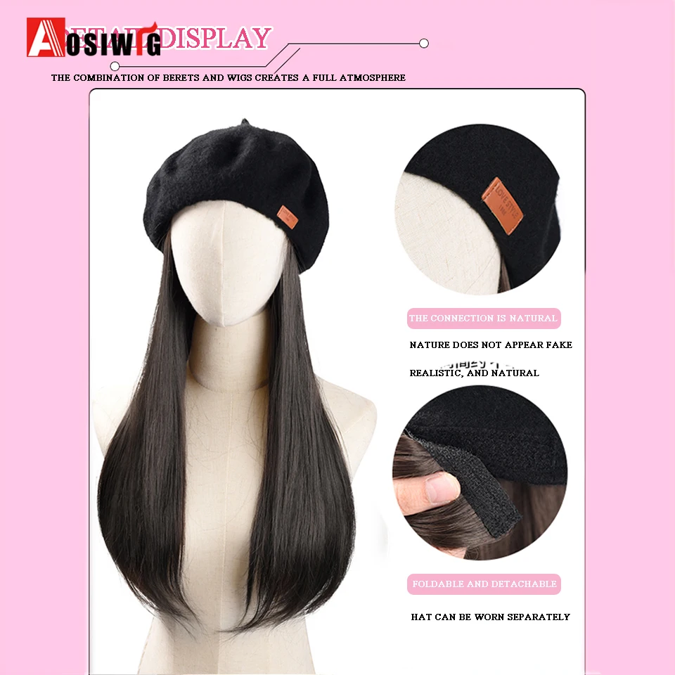 Pink Beret Wig Synthetic Long Straight Hat Wig Hat Detachable Wig Keeps Warm And Fashionable Hat Wig For Women