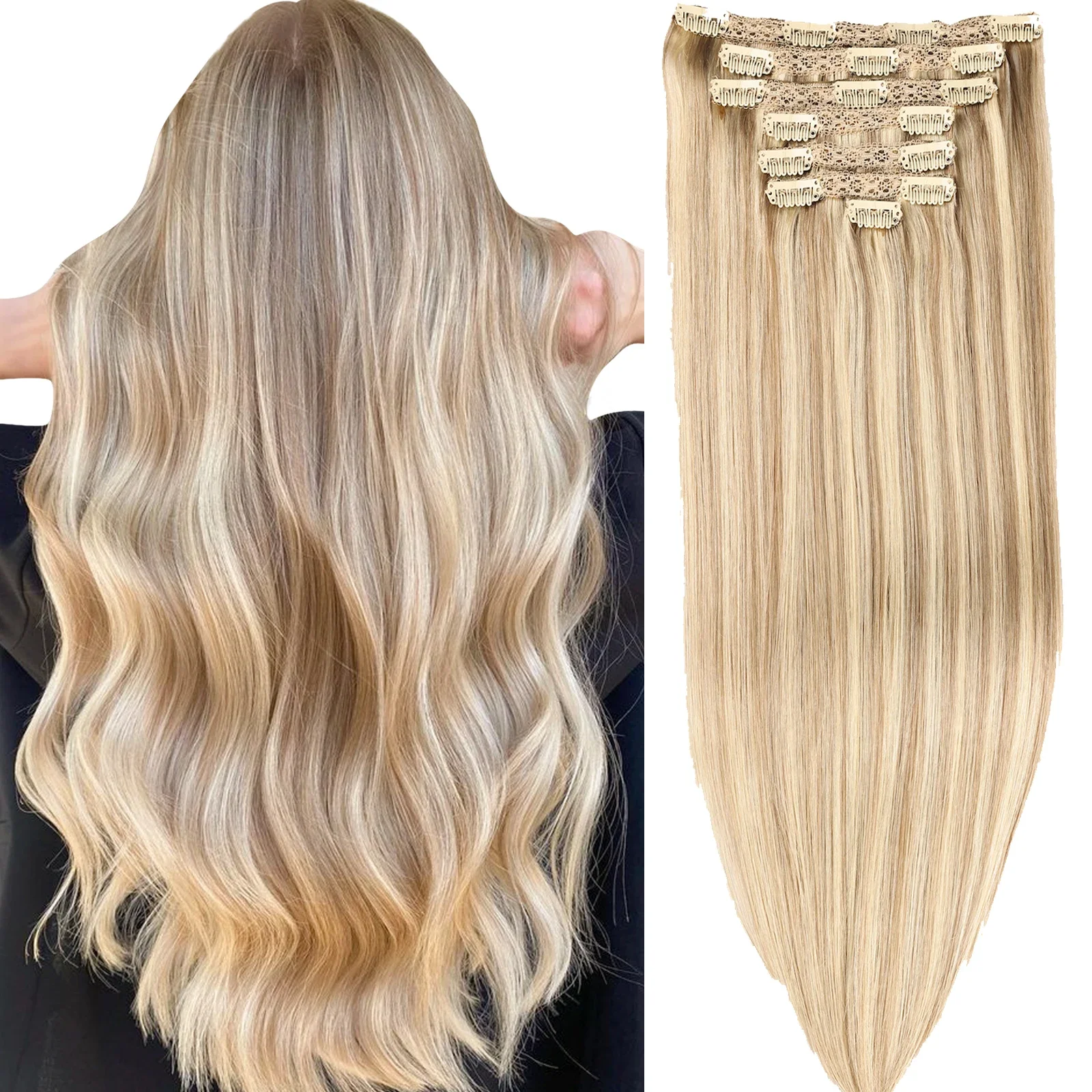 diyomo-ブラジル用ストレートクリップスタイルヘアエクステンション-100g-パック、簡単に装着でき、ヘアエクステンションに加熱する必要はありません。
