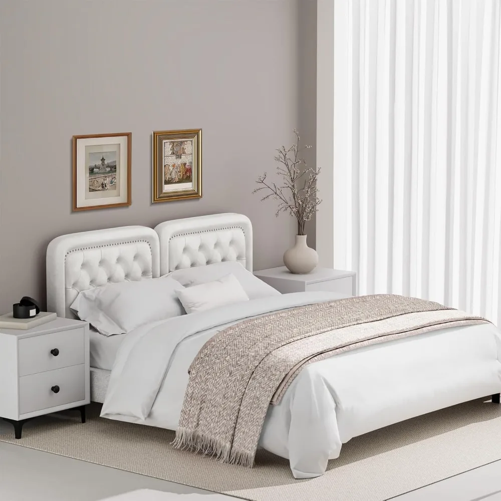 لوح رأسي منجد بحجم كوين مع ارتفاع قابل للتعديل، معنقدة بأزرار، إطار من الخشب الصلب، زخرفة رأس الأظافر، متين وأنيق