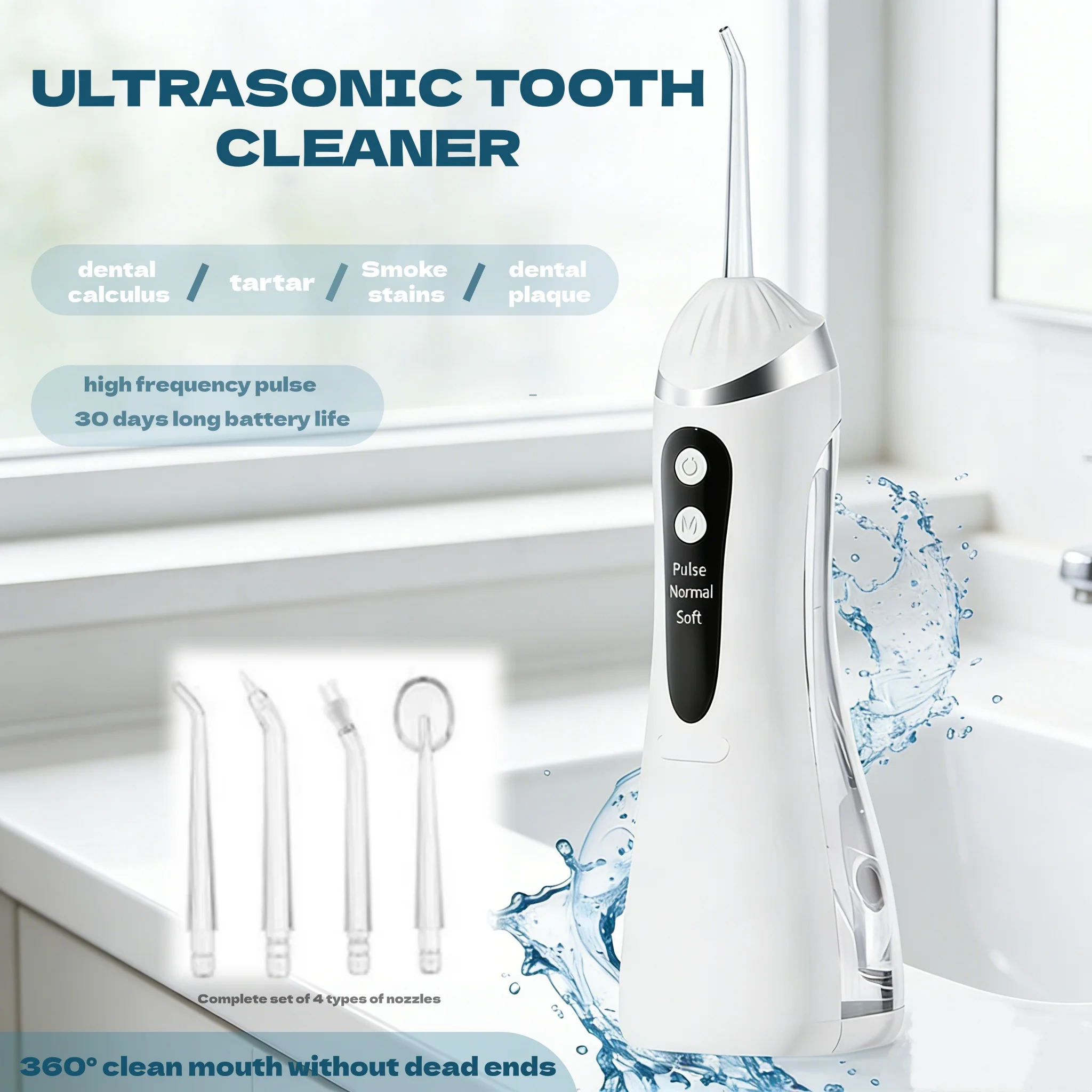 

Электрический ирригатор для полости рта, 3 режима очистки, перезаряжаемый через USB, водонепроницаемый IP65, ирригатор для полости рта, 4 насадки, портативные стоматологические ирригаторы