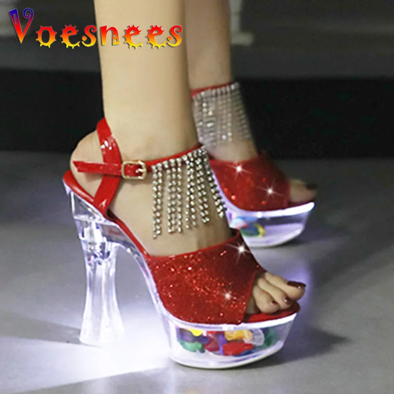 Woman 14CM Thick Heel Shoe LED Luminous Transparent Platform Diamond Tassels Sandals For Women Light Up Glowing Pole Dance Shoes