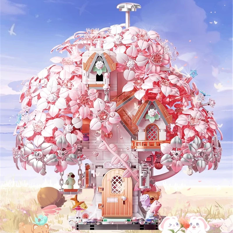 

Sakura tree house building blocks photosensitive color-changing romantic castle model puzzle assembly desktop ornaments