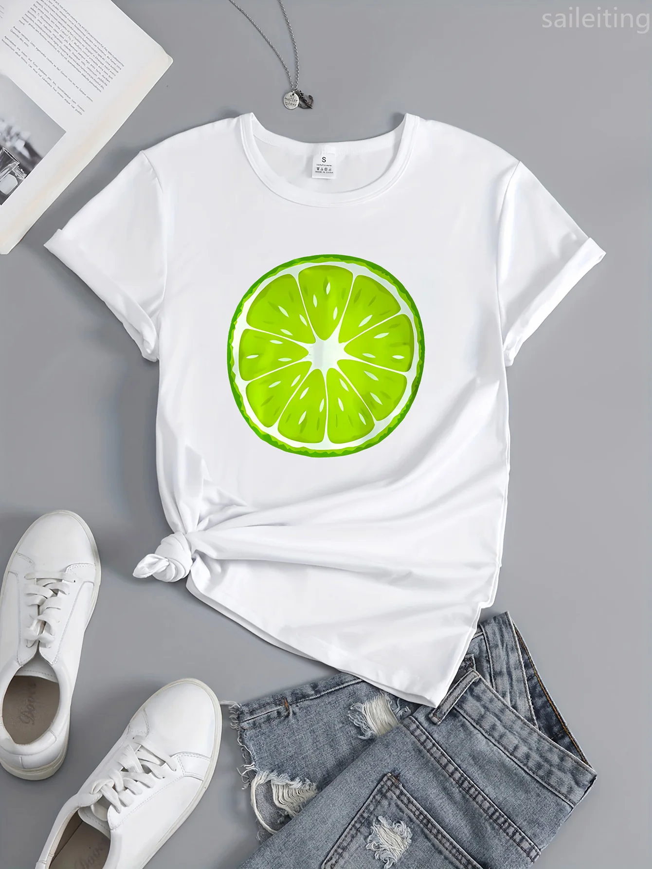 Camiseta con estampado de limón, informal, con cuello redondo, manga Harajuku, ropa informal para mujer, Tops de calle, ropa estética