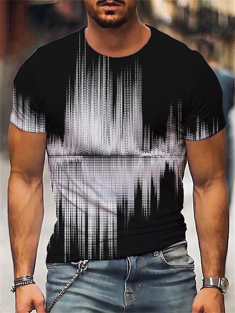 Herren-T-Shirt mit schwarz-weißem Soundwave-Print, geometrischer Farbverlauf, Rundhalsausschnitt, kurze Ärmel, lässige Streetwear, atmungsaktive Oberteile