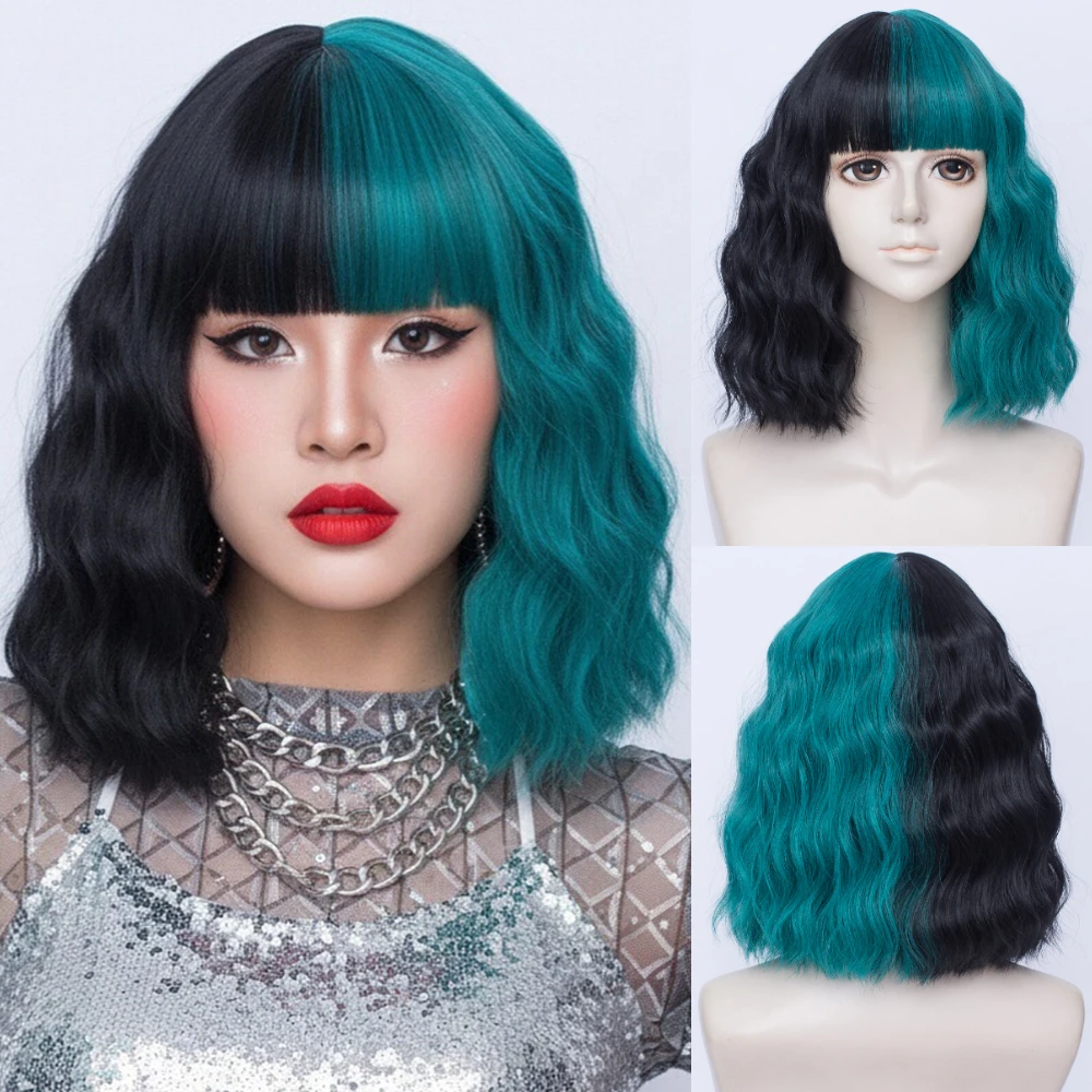 المرأة تأثيري الباروكات الاصطناعية قصيرة مجعد أسود أخضر مزدوجة الإملائي اللون الباروكات مع الانفجارات لوليتا هالوين حزب الشعر وهمية