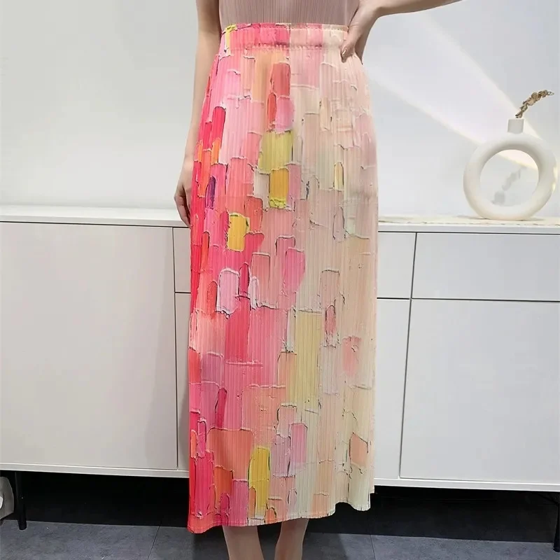 

Miyake Woman Clothing Design Sense Printed Tassel Skirt Women's Spring High Waist Loose Fold Over Skirt Medium and Long Section