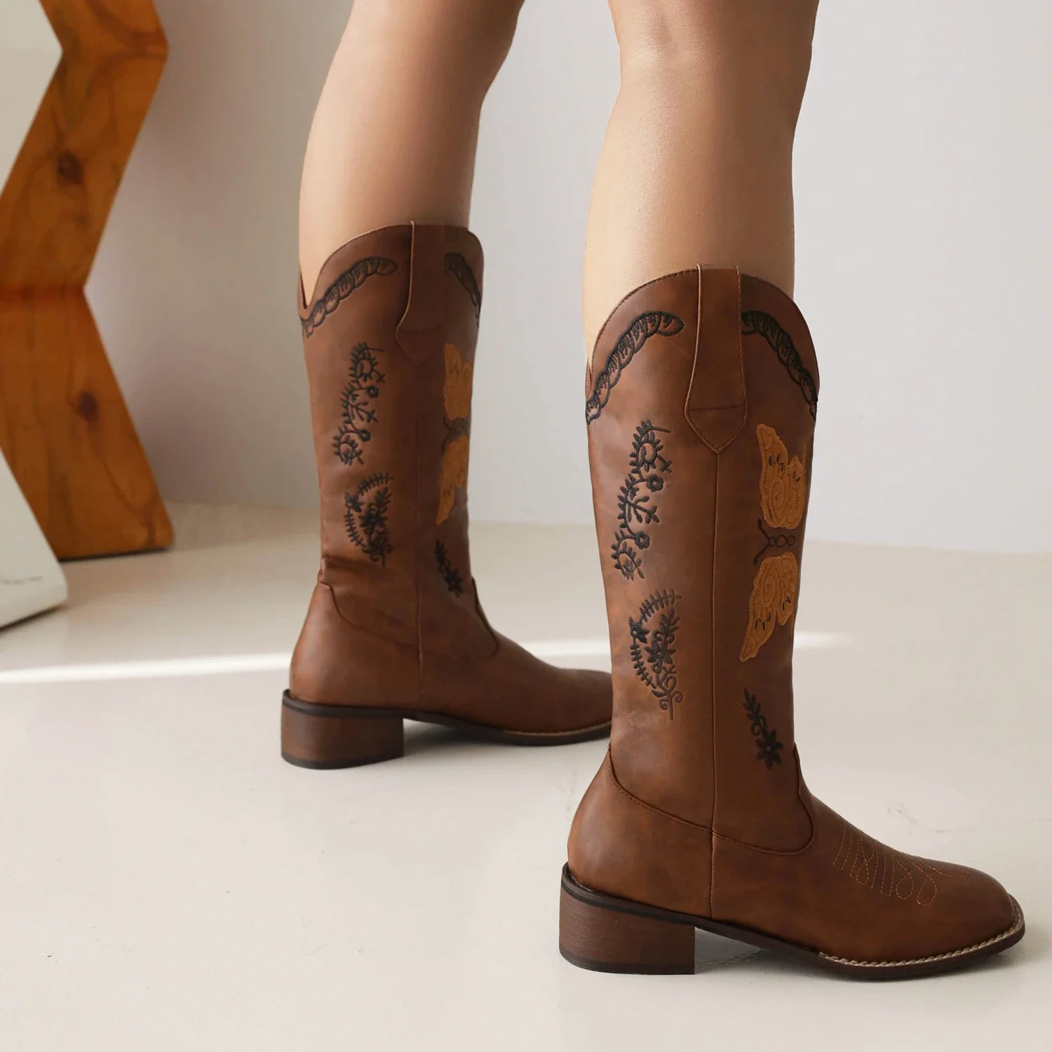 

New Retro Embroidered Butterfly Western Cowboy Boots Square Head Thick Heel Thin Knight Boots Large Size Women's Boots 35&46
