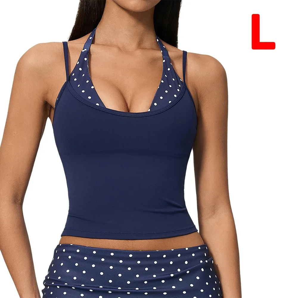 Fashion Polka Dot Yoga Tank Top Built In Bra Removable Padding Workout Tank Top Double Strap Faux Layered Sports Bra Tank Women